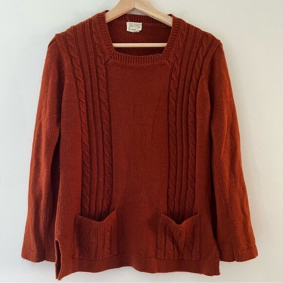 Vintage Sweater 70s Square Neckline Cable Knit Pockets Rust Small Jan Brady - Picture 1 of 6